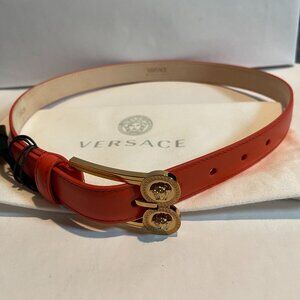 Versace Double Stud Medusa Belt in Coral Calf Leather - Size 65 cm/26" - NWT
